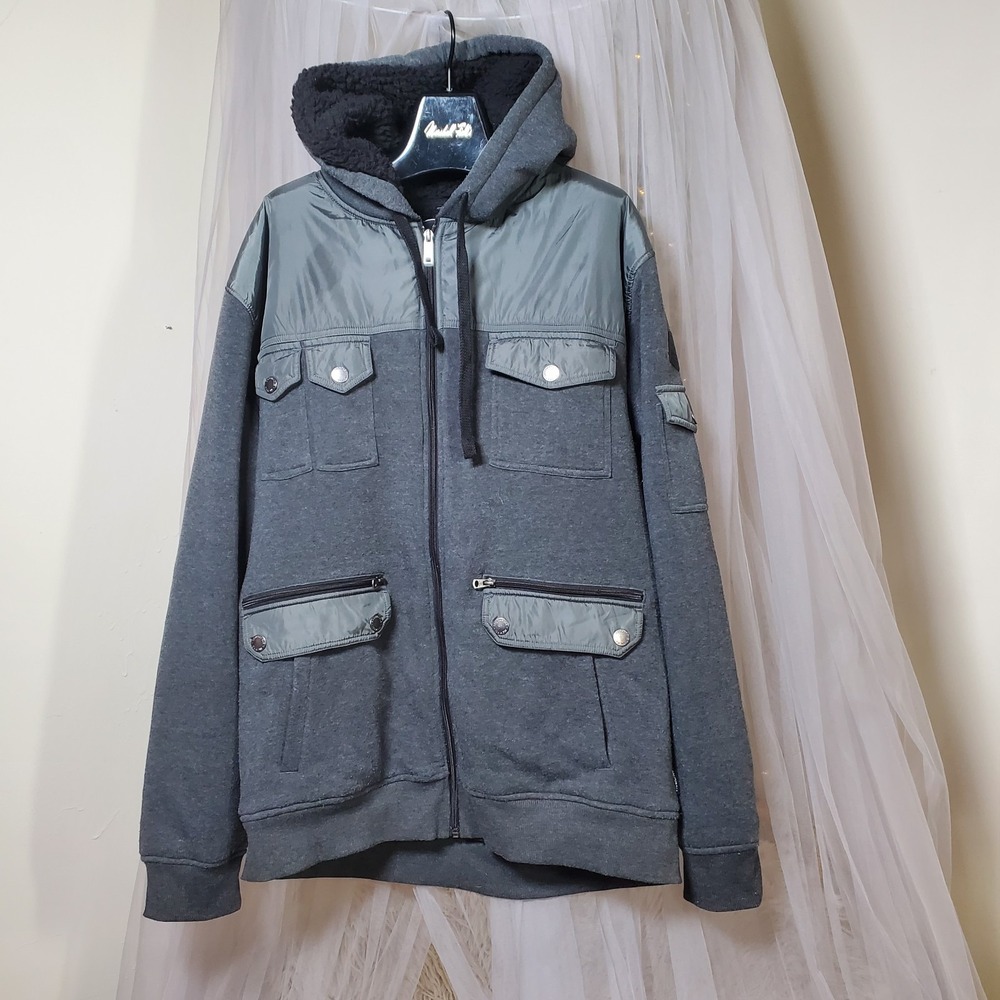 SouthPole Jacket XXL Gray Full Zip Fleece Lined Hooded Chore Coat Y2K Retro